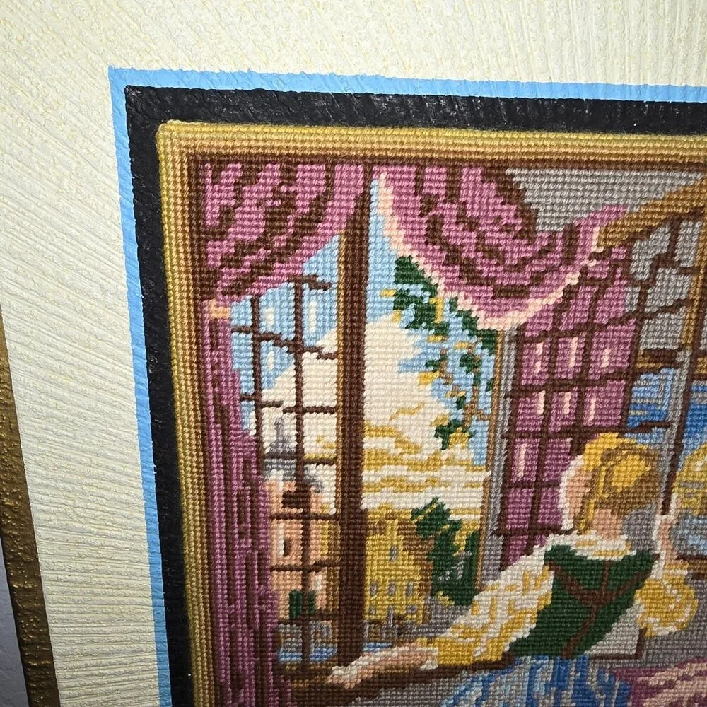 Vintage Framed Needlepoint Of Woman/Girl Looking out Window Large 23x20 Inches - Picture 8 of 11